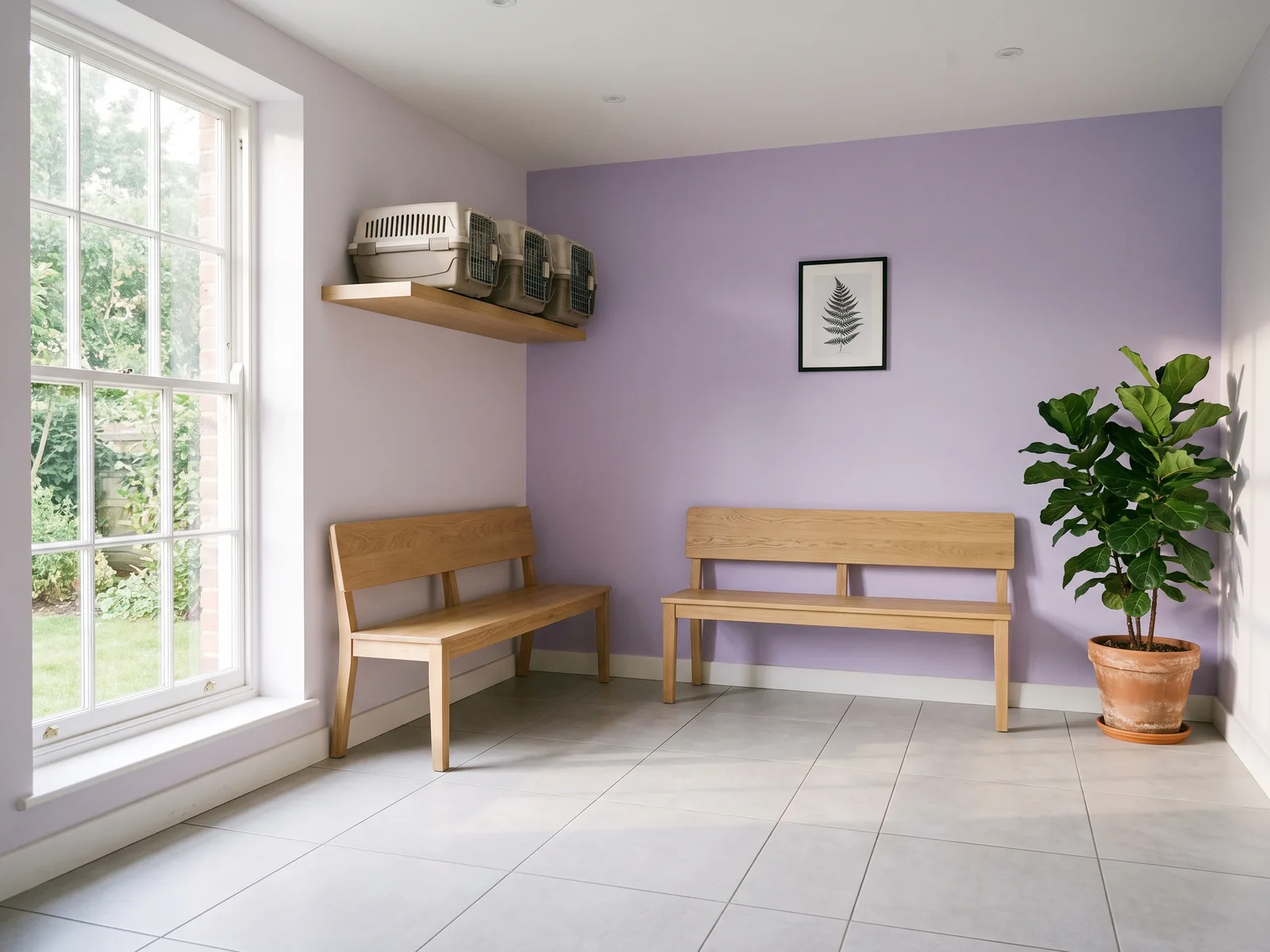 The quiet cat-side waiting room with oak benches and a tall window