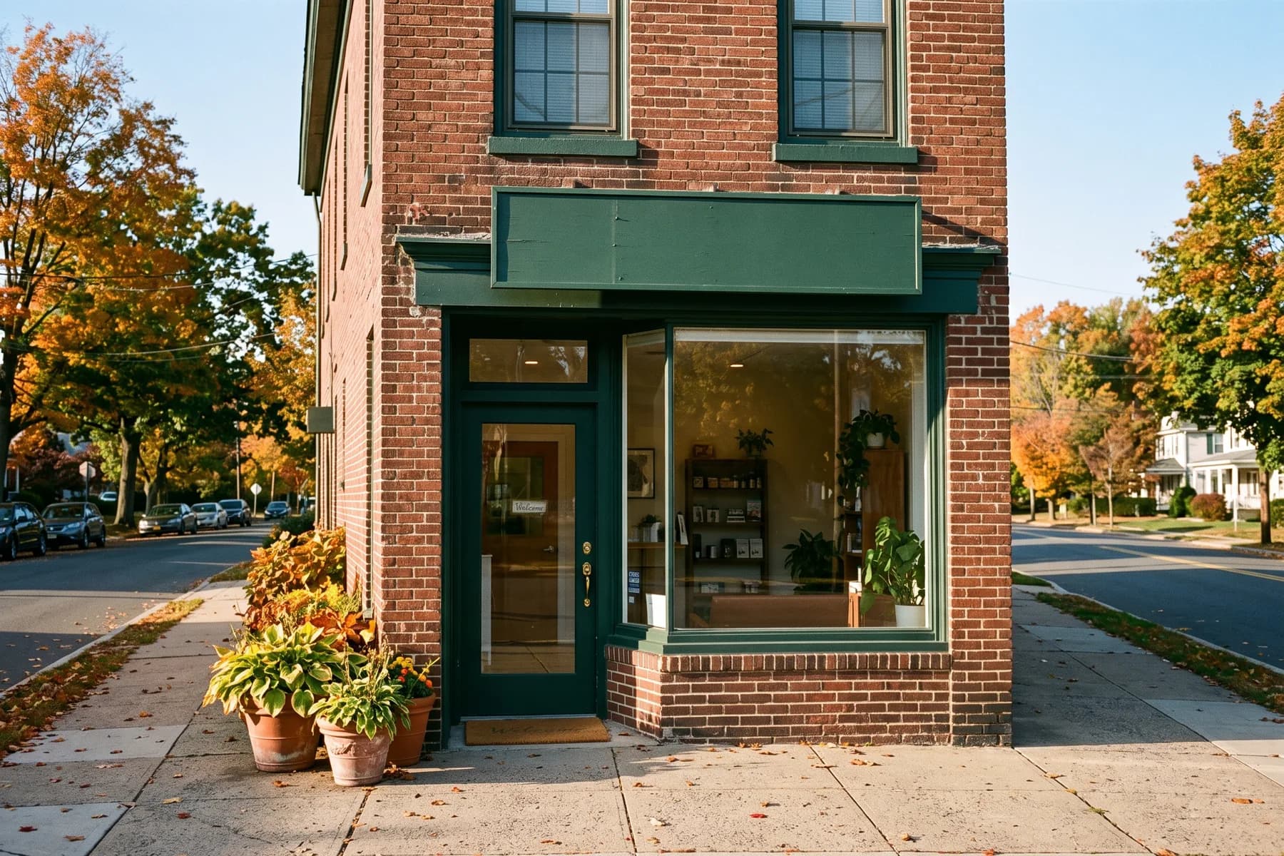 The clinic's brick storefront on Bloomfield Avenue, with a dark green door and planters